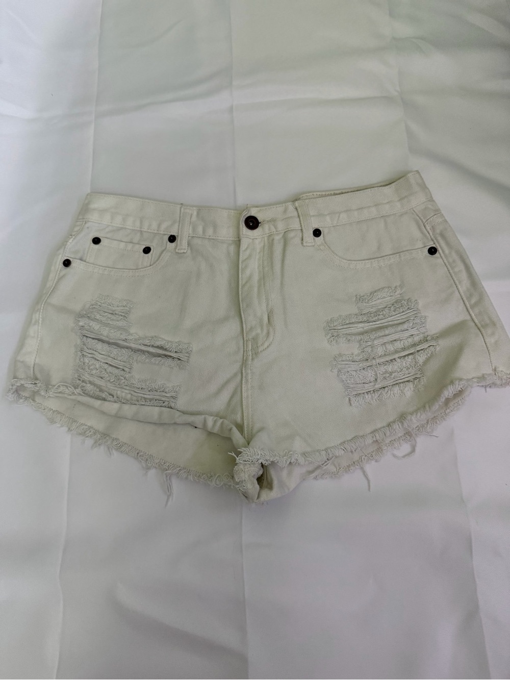 Forever 21 Cream Distressed Denim Cutoff Shorts